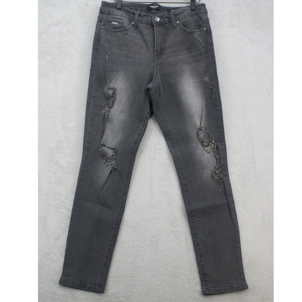 Nine West Gramercy Skinny Jeans Womens 10 Gray Distressed Chain Embellished